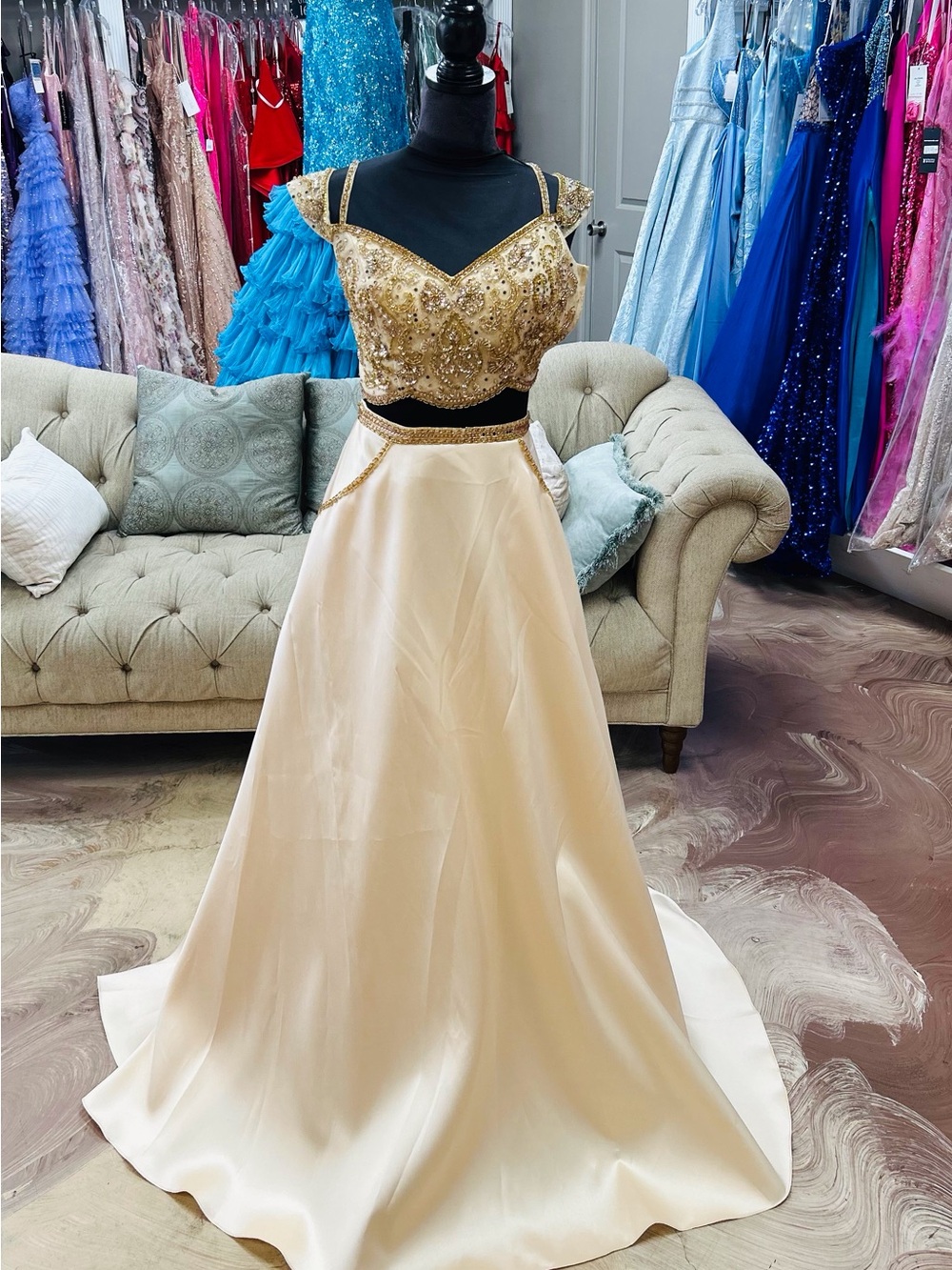 Gilded Embellished Two-Piece Prom Dress in Gold and Cream
